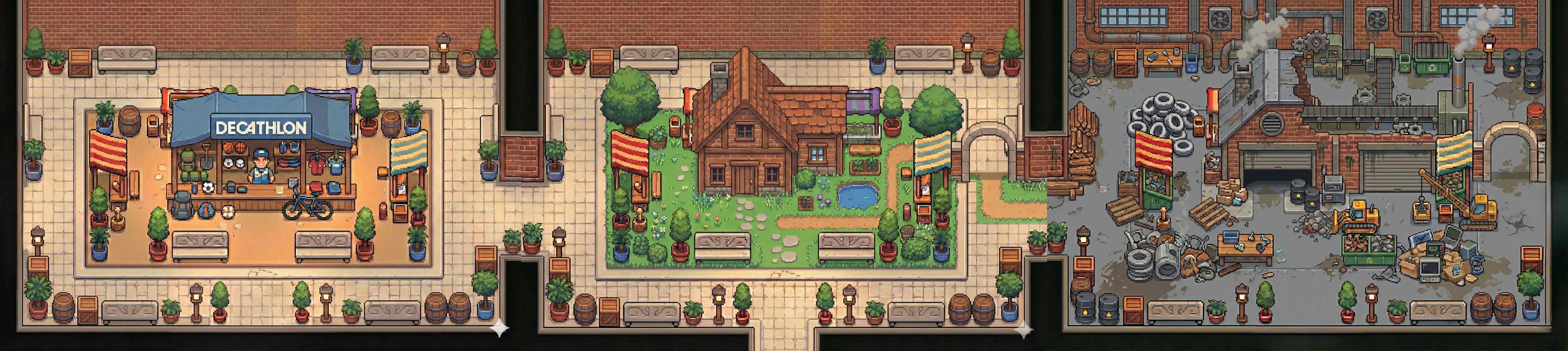 Plan du village GAFAttack - Vue de dessus montrant le magasin Décathlon, la maison centrale et la déchetterie